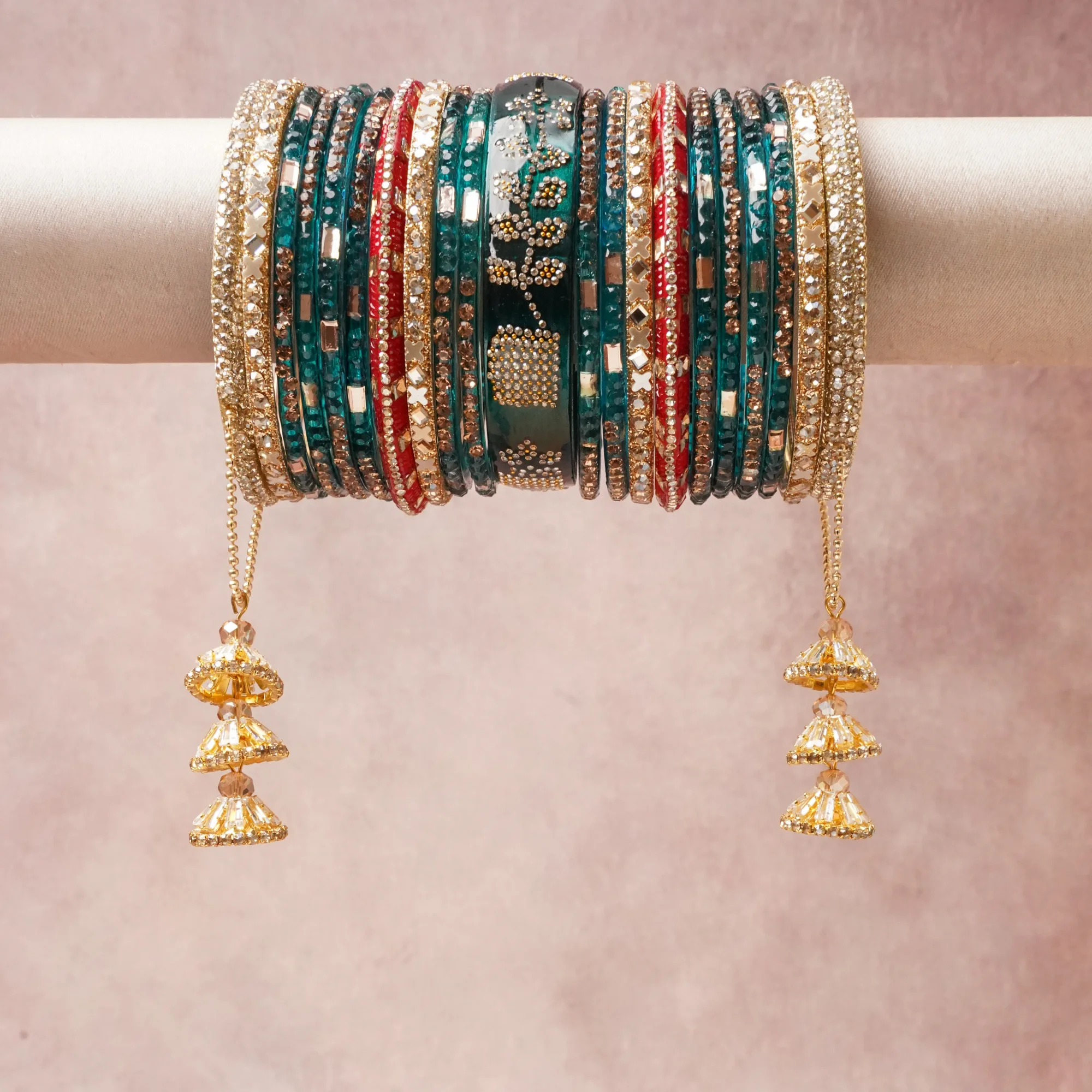 A commanding Deep Teal anchors this beautiful set, enriched with accents of Clear Crystal, Champagne Gold, Reflective Silver, Warm Amber that add depth and dimension.

Featuring a striking composition of Glass, Gold-toned Metal Alloy, Rhinestone Crystals, Mirror Inlay, Faceted Glass Beads, this set carries intricate craftsmanship and strong presence. Grand in form, it is created for moments that deserve to be marked.